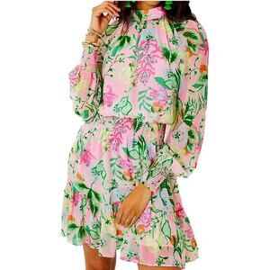 Lilly Pulitzer Ellielynn Pink Floral Long Sleeve Smocked Waist Mini Dress Size 4